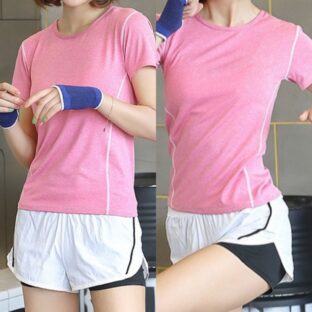 ランニングファション 半袖トップス＋ショートパンツ レディース ピンク×ホワイト 上下2点セット